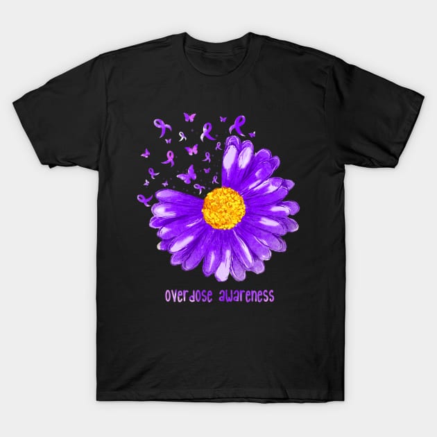 Daisy Butterfly Purple Ribbon Overdose Awareness T-Shirt by hony.white